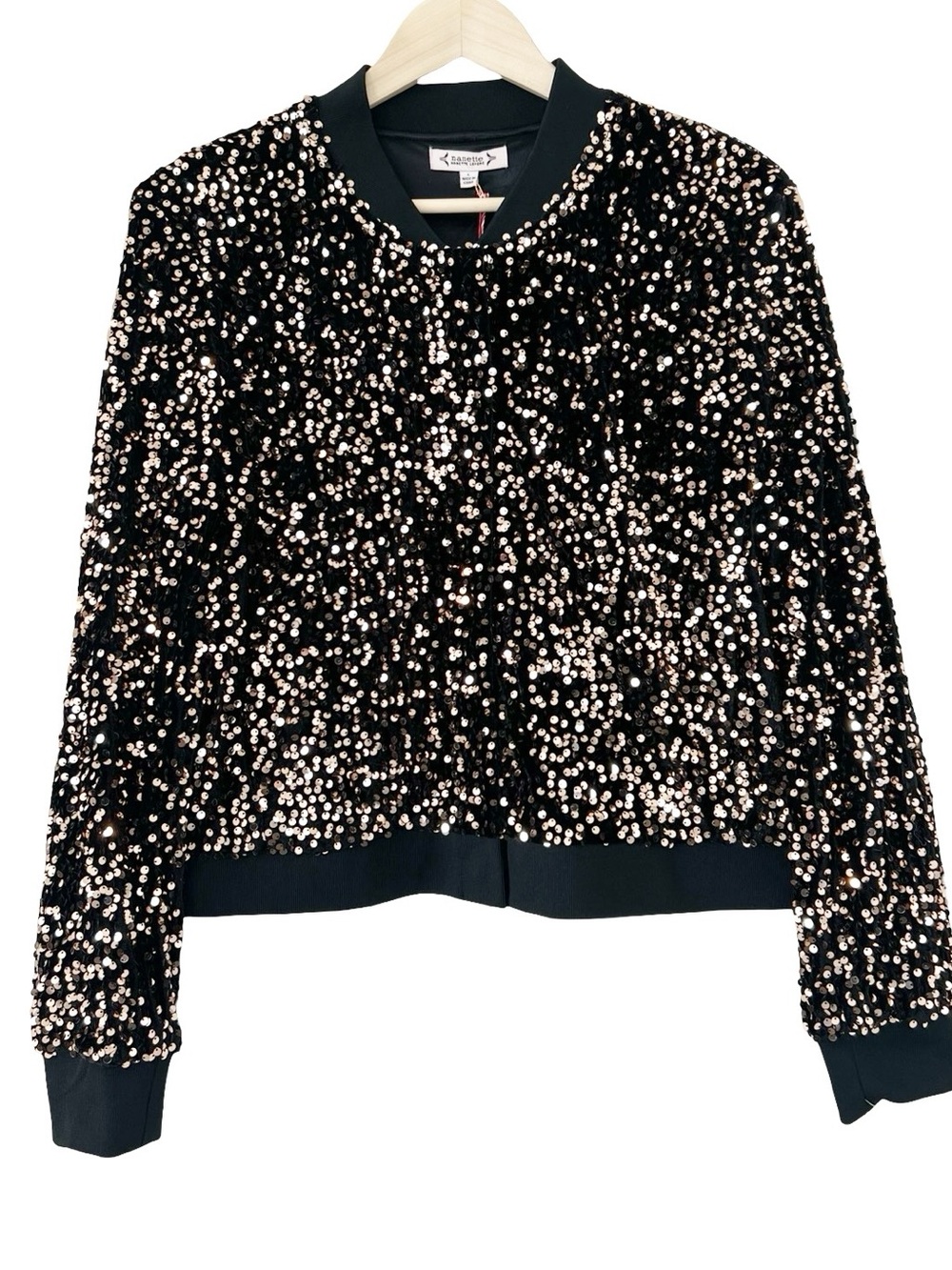 Nanette Lepore Gold / Black Sequin Snap Bomber Jacket LG NWT